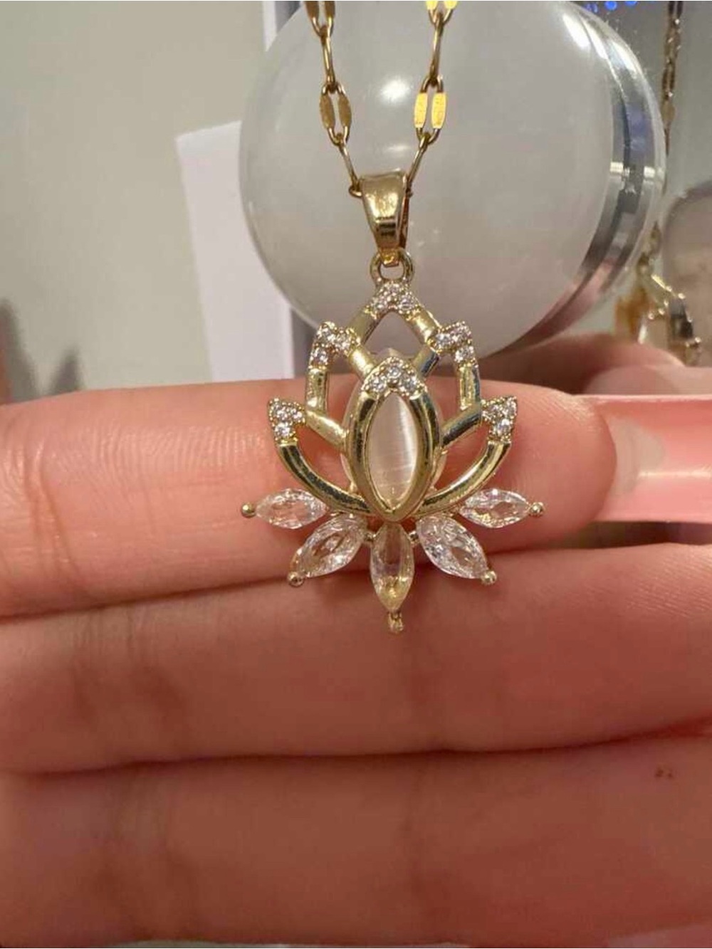 Gold Lotus Crystal Pendant Necklace - Women Jewelry